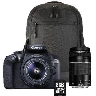 Reflex Canon EOS 1300D + Objectif 18-55 III + 75-300 III + Sac à dos + Carte SD 8Go Noir Reflex Canon EOS 1300D + Objectif 18-55 III + 75-300 III + Sac à dos + Carte SD 8Go Noir