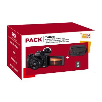 Pack appareil photo hybride Canon EOS M50 + Objectif EF-M 15-45mm f/3,5-6,3 IS STM + Carte SD 16GB + Etui Noir Noir Pack appareil photo hybride Canon EOS M50 + Objectif EF-M 15-45mm f/3,5-6,3 IS STM + Carte SD 16GB + Etui Noir Noir