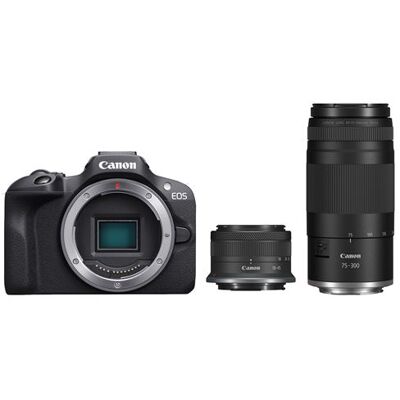 Pack Appareil photo hybride Canon EOS R100 Noir + RF-S 18-45 mm f/4.5-6.3 IS STM + RF 75-300 mm f/4-5.6 + Batterie Noir Pack Appareil photo hybride Canon EOS R100 Noir + RF-S 18-45 mm f/4.5-6.3 IS STM + RF 75-300 mm f/4-5.6 + Batterie Noir