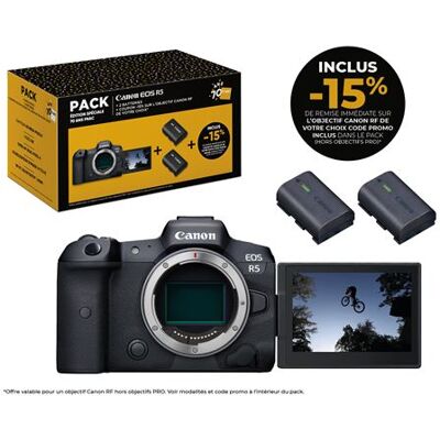 Pack Fnac Edition 70 ans Appareil photo hybride Canon EOS R5 Boîtier Nu Noir + 2 batteries + Coupon -15% sur une optiques RF Canon Noir Pack Fnac Edition 70 ans Appareil photo hybride Canon EOS R5 Boîtier Nu Noir + 2 batteries + Coupon -15% sur une optiques RF Canon Noir