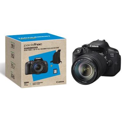 Pack Fnac Reflex Canon EOS 700D + Obj. Canon EF-S IS STM 18 - 135 mm f/3.5 - 5.6 + Sac à dos + SDHC 16Go Noir Pack Fnac Reflex Canon EOS 700D + Obj. Canon EF-S IS STM 18 - 135 mm f/3.5 - 5.6 + Sac à dos + SDHC 16Go Noir