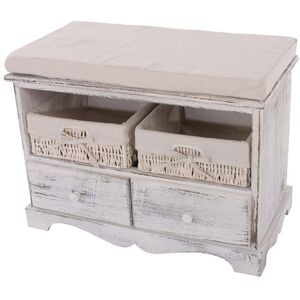 Banquette de rangement vintage Mendler avec 2 paniers - Bois, Blanc Banquette de rangement vintage Mendler avec 2 paniers - Bois, Blanc