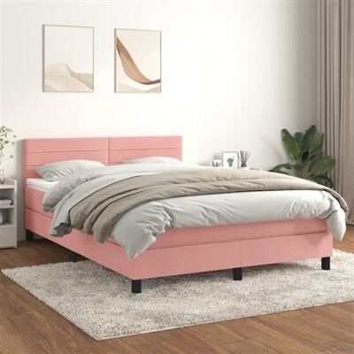 Lit en Velours Rose avec Tête de Lit Réglable & Matelas à Ressorts Lit en Velours Rose avec Tête de Lit Réglable & Matelas à Ressorts