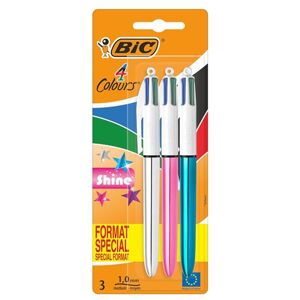 BIC 4 Couleurs Shine Stylos-bille - Corps Métalliques Assortis, Blister de 3 BIC 4 Couleurs Shine Stylos-bille - Corps Métalliques Assortis, Blister de 3