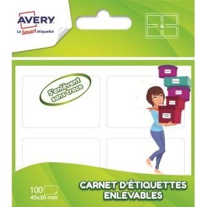 Avery Carnet de 100 étiquettes blanches enlevables - 4,5 x 3 cm Avery Carnet de 100 étiquettes blanches enlevables - 4,5 x 3 cm