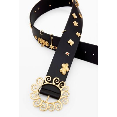 Desigual, Ceinture en cuir à étoiles, Cow Leather, Noir, 95 Desigual, Ceinture en cuir à étoiles, Cow Leather, Noir, 95