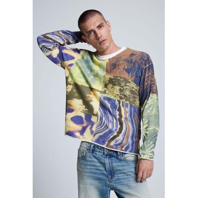 Desigual, Pull imprimé patchwork, Homme, Coton, Vert, M Desigual, Pull imprimé patchwork, Homme, Coton, Vert, M