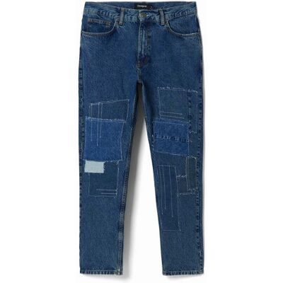 Desigual, Jean carotte patchwork, Coton, Bleu, 30 Desigual, Jean carotte patchwork, Coton, Bleu, 30