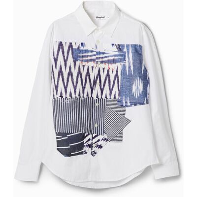 Desigual, Chemise patchwork ikat, Coton, Blanc, M Desigual, Chemise patchwork ikat, Coton, Blanc, M