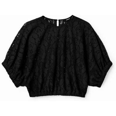 Desigual, Blouse courte froncée dentelle, Polyester, Noir, L Desigual, Blouse courte froncée dentelle, Polyester, Noir, L