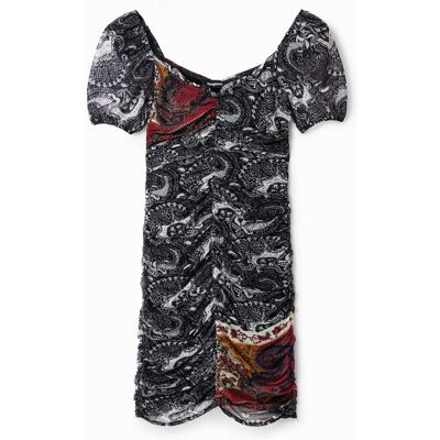 Desigual, Robe courte froncée motif cachemire, Polyester, Noir, XL Desigual, Robe courte froncée motif cachemire, Polyester, Noir, XL
