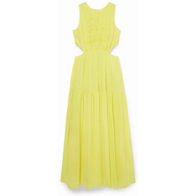 Desigual, Robe découpes et broderies ethniques, Viscose, Jaune, L Desigual, Robe découpes et broderies ethniques, Viscose, Jaune, L