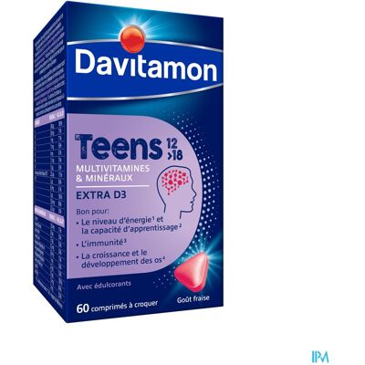 Davitamon Teen Multivitamines - Fraise - Énergie, Résistance - 60 Comprimés à Croquer Davitamon Teen Multivitamines - Fraise - Énergie, Résistance - 60 Comprimés à Croquer