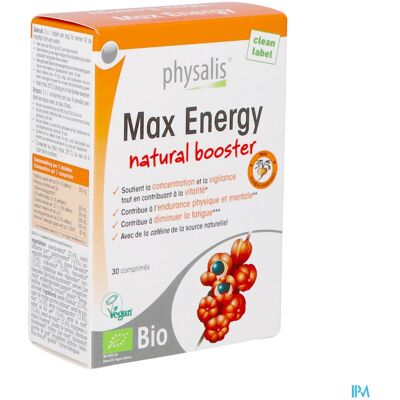 Physalis Max Energy Complément Bio - Guarana, Thé Vert - 30 Comprimés Physalis Max Energy Complément Bio - Guarana, Thé Vert - 30 Comprimés