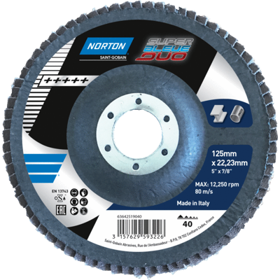 NORTON Disque à lamelles plat grain zirconium, Ø 125 mm grain 80, SBDUO NORTON Disque à lamelles plat grain zirconium, Ø 125 mm grain 80, SBDUO