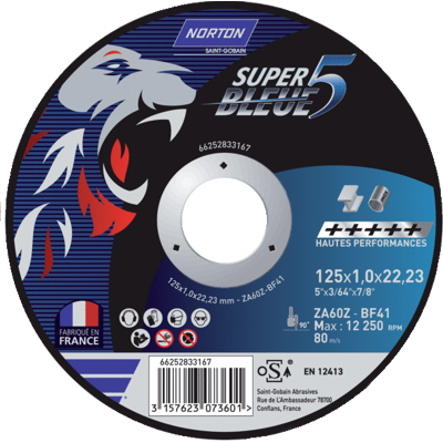 NORTON Meule de tronçonnage extra-fines pour aciers et inox Superbleue 5, 230 x 2,5 mm NORTON Meule de tronçonnage extra-fines pour aciers et inox Superbleue 5, 230 x 2,5 mm