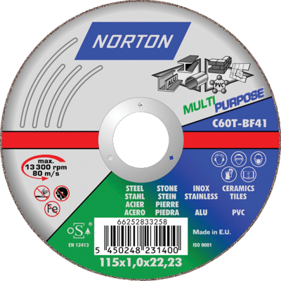 NORTON Meule de tronçonnage à grain céramique très hautes performances pour aciers et inox Multi Matériaux, Ø 125 x 1,6 mm NORTON Meule de tronçonnage à grain céramique très hautes performances pour aciers et inox Multi Matériaux, Ø 125 x 1,6 mm