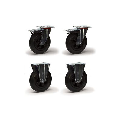 Roues-et-Roulettes.com Lot de 4 roulettes pivotantes à frein et fixes caoutchouc noir 80 mm - 150 Kg Roues-et-Roulettes.com Lot de 4 roulettes pivotantes à frein et fixes caoutchouc noir 80 mm - 150 Kg