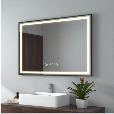EMKE Miroir lumineux salle de bain 100x70cm, Cadre noir, Miroir LED avec Interrupteur Tactile, Anti-buée, Horloge et Température, Lumière Neutre EMKE Miroir lumineux salle de bain 100x70cm, Cadre noir, Miroir LED avec Interrupteur Tactile, Anti-buée, Horloge et Température, Lumière Neutre