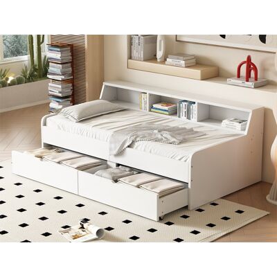 Merax Lit enfant 90 x 200 cm avec 2 tiroirs et étagères de rangement, bois pin et MDF, blanc Merax Lit enfant 90 x 200 cm avec 2 tiroirs et étagères de rangement, bois pin et MDF, blanc