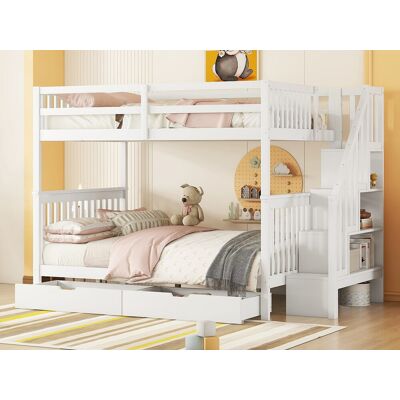 Merax Lits superposés 2 x 140 x 200 cm pour enfant - étagère d'escalier + 2 tiroirs - bois MDF - Blanc Merax Lits superposés 2 x 140 x 200 cm pour enfant - étagère d'escalier + 2 tiroirs - bois MDF - Blanc