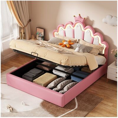 Merax Lit coffre 140 x 200 cm en forme couronne - lit princesse - cuir PU - LEDs - Rose Merax Lit coffre 140 x 200 cm en forme couronne - lit princesse - cuir PU - LEDs - Rose