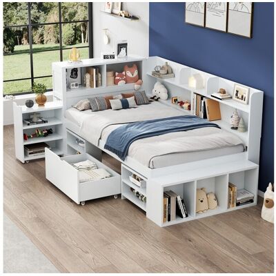 Merax Lit enfant 90 x 200 cm avec tiroirs, bibliothèque et meuble de rangement - bois MDF - blanc (sans matelas) Merax Lit enfant 90 x 200 cm avec tiroirs, bibliothèque et meuble de rangement - bois MDF - blanc (sans matelas)