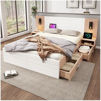 Merax Lit double en bois 140 x 200 cm avec 2 tiroirs, lampe de lecture et prises USB - Bois massif + MDF - Chêne/blanc Merax Lit double en bois 140 x 200 cm avec 2 tiroirs, lampe de lecture et prises USB - Bois massif + MDF - Chêne/blanc