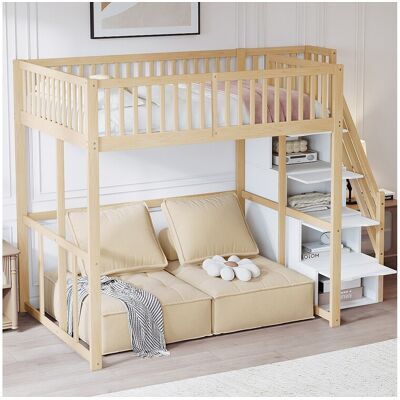 Merax Lit mezzanine 140 x 200 cm avec 4 tiroirs et étagères de rangement - Pin + contreplaqué + MDF - pour enfant - Naturel Merax Lit mezzanine 140 x 200 cm avec 4 tiroirs et étagères de rangement - Pin + contreplaqué + MDF - pour enfant - Naturel