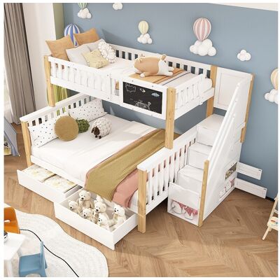 Merax Lits superposés pour enfant - 90 x 200 cm + 140 x 200 cm - 4 rangement dans l'escalier - avec tableau et 2 tiroirs - Bois massif - blanc Merax Lits superposés pour enfant - 90 x 200 cm + 140 x 200 cm - 4 rangement dans l'escalier - avec tableau et 2 tiroirs - Bois massif - blanc