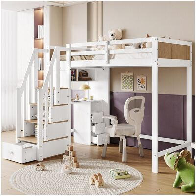 Merax Lit mezzanine enfant - 90 x 200 cm - 4 rangement dans l'escalier - bureau avec 3 tiroirs - pin+MDF - blanc+naturel Merax Lit mezzanine enfant - 90 x 200 cm - 4 rangement dans l'escalier - bureau avec 3 tiroirs - pin+MDF - blanc+naturel