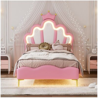 Merax Lit plat princesse enfant - 90 x 200 cm - avec Leds réglable - en cuir PU souple - rose Merax Lit plat princesse enfant - 90 x 200 cm - avec Leds réglable - en cuir PU souple - rose