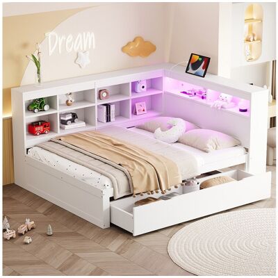 Merax Canapé-lit pour enfant - 140 x 200 cm - avec 1 tiroir + USB + Leds - avec étagères de rangement - en bois - blanc Merax Canapé-lit pour enfant - 140 x 200 cm - avec 1 tiroir + USB + Leds - avec étagères de rangement - en bois - blanc