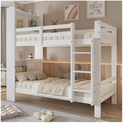 Merax Lit superposé enfant - 2 x 90 x 200 cm - avec étagères de rangements + échelle rectangulaire - MDF - blanc Merax Lit superposé enfant - 2 x 90 x 200 cm - avec étagères de rangements + échelle rectangulaire - MDF - blanc