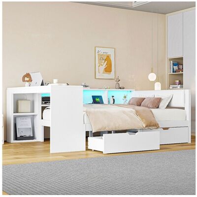 Merax Lit combiné pour enfant - 140 x 200 - avec étagères de rangement + 2 tiroirs + Leds + table - MDF - blanc Merax Lit combiné pour enfant - 140 x 200 - avec étagères de rangement + 2 tiroirs + Leds + table - MDF - blanc