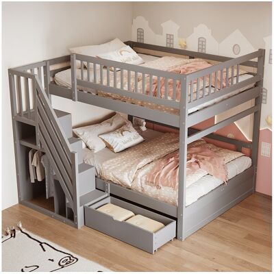 Merax Lit superposés pour enfant - 2 x 140 x 200 cm - avec 1 tiroir + rangements d'escalier - bois + MDF - gris Merax Lit superposés pour enfant - 2 x 140 x 200 cm - avec 1 tiroir + rangements d'escalier - bois + MDF - gris