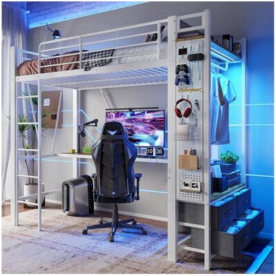 Merax Lit mezzanine enfant - 90 x 200 cm - structure en fer - avec bureau + 4 tiroirs + Leds - métal - blanc Merax Lit mezzanine enfant - 90 x 200 cm - structure en fer - avec bureau + 4 tiroirs + Leds - métal - blanc