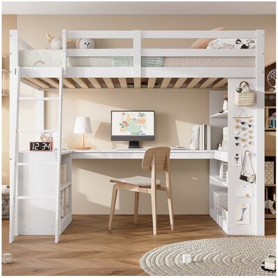 Merax Lit mezzanine enfant - 90 x 200 cm - avec étagère de rangement + table - pin + aggloméré - blanc Merax Lit mezzanine enfant - 90 x 200 cm - avec étagère de rangement + table - pin + aggloméré - blanc