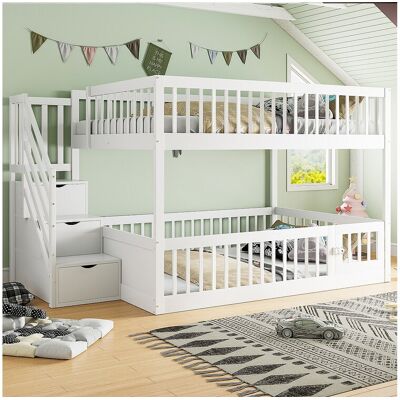 Merax Lit superposés enfant - 2 x 140 x 200 - avec escalier de rangement + barrières - bois - blanc Merax Lit superposés enfant - 2 x 140 x 200 - avec escalier de rangement + barrières - bois - blanc