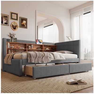 Merax Canapé-lit pour enfant - 90 x 200 cm - avec 2 tiroirs + USB + rangement - lin - gris Merax Canapé-lit pour enfant - 90 x 200 cm - avec 2 tiroirs + USB + rangement - lin - gris