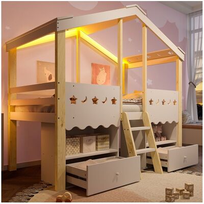 Merax Lit mi-hauteur pour enfant - 90 x 200 cm - avec 2 tiroirs + Leds - forme maison - bois - blanc + naturel Merax Lit mi-hauteur pour enfant - 90 x 200 cm - avec 2 tiroirs + Leds - forme maison - bois - blanc + naturel
