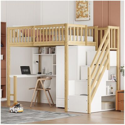 Merax Lit mezzanine enfant - 90 x 200 - avec penderie + table + escalier de rangement - bois - blanc + naturel Merax Lit mezzanine enfant - 90 x 200 - avec penderie + table + escalier de rangement - bois - blanc + naturel