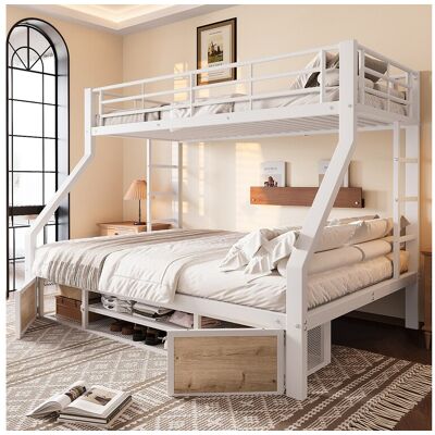 Merax Lit superposé enfant - 90 x 200 cm + 140 x 200 cm - avec armoire à chaussures + rangements - métal - blanc Merax Lit superposé enfant - 90 x 200 cm + 140 x 200 cm - avec armoire à chaussures + rangements - métal - blanc