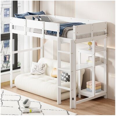 Merax Lit mezzanine 90 x 200 cm avec étagère de rangement pour enfant - bois de pin et MDF - blanc Merax Lit mezzanine 90 x 200 cm avec étagère de rangement pour enfant - bois de pin et MDF - blanc