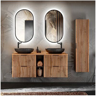 Petits-Meubles Ensemble meuble double vasque 140cm 2 niches et colonne Gaia Bois et Noir - Vasque Noir Petits-Meubles Ensemble meuble double vasque 140cm 2 niches et colonne Gaia Bois et Noir - Vasque Noir