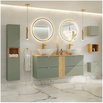 Petits-Meubles Ensemble meuble double vasque 140cm 4 tiroirs colonne et 3 armoires murales Jade Vert et Bois Petits-Meubles Ensemble meuble double vasque 140cm 4 tiroirs colonne et 3 armoires murales Jade Vert et Bois