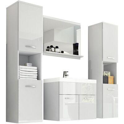 Ensemble de salle de bain suspendu avec lavabo, miroir et 2 colonnes, caisson blanc mat façades blanc brillant Ensemble de salle de bain suspendu avec lavabo, miroir et 2 colonnes, caisson blanc mat façades blanc brillant