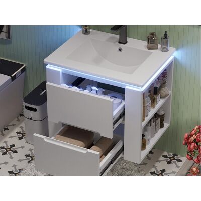 ModernLuxe Meuble de salle de bain suspendus avec une vasque en céramique - avec LED - 2 tiroirs - 2 étagères latérales - blanc(robinet non inclus) ModernLuxe Meuble de salle de bain suspendus avec une vasque en céramique - avec LED - 2 tiroirs - 2 étagères latérales - blanc(robinet non inclus)