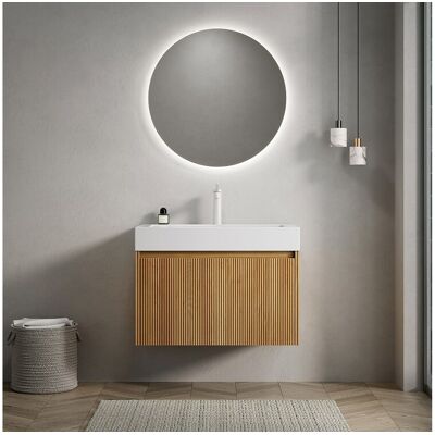 Meuble-lavabo mural rectangulaire avec vasque intégrée en résine, placage en contreplaqué à motif bois naturel, une tiroir, pré-monté (70x46x50 cm) Meuble-lavabo mural rectangulaire avec vasque intégrée en résine, placage en contreplaqué à motif bois naturel, une tiroir, pré-monté (70x46x50 cm)