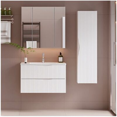 Petits-Meubles Ensemble meuble simple vasque encastrée 80cm et colonne Tao Blanc Petits-Meubles Ensemble meuble simple vasque encastrée 80cm et colonne Tao Blanc
